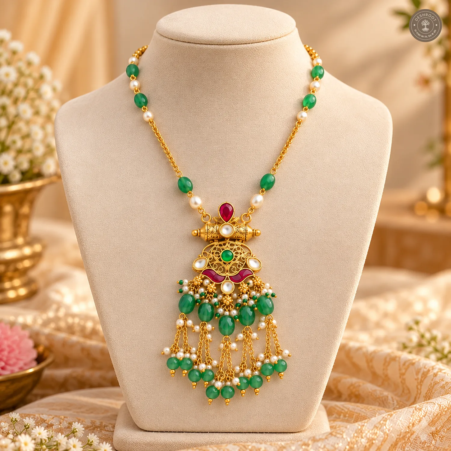 Pachi Kundan Green Bead Tassel Necklace Set