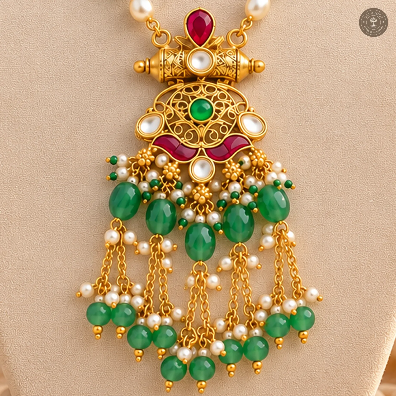 Pachi Kundan Green Bead Tassel Necklace Set