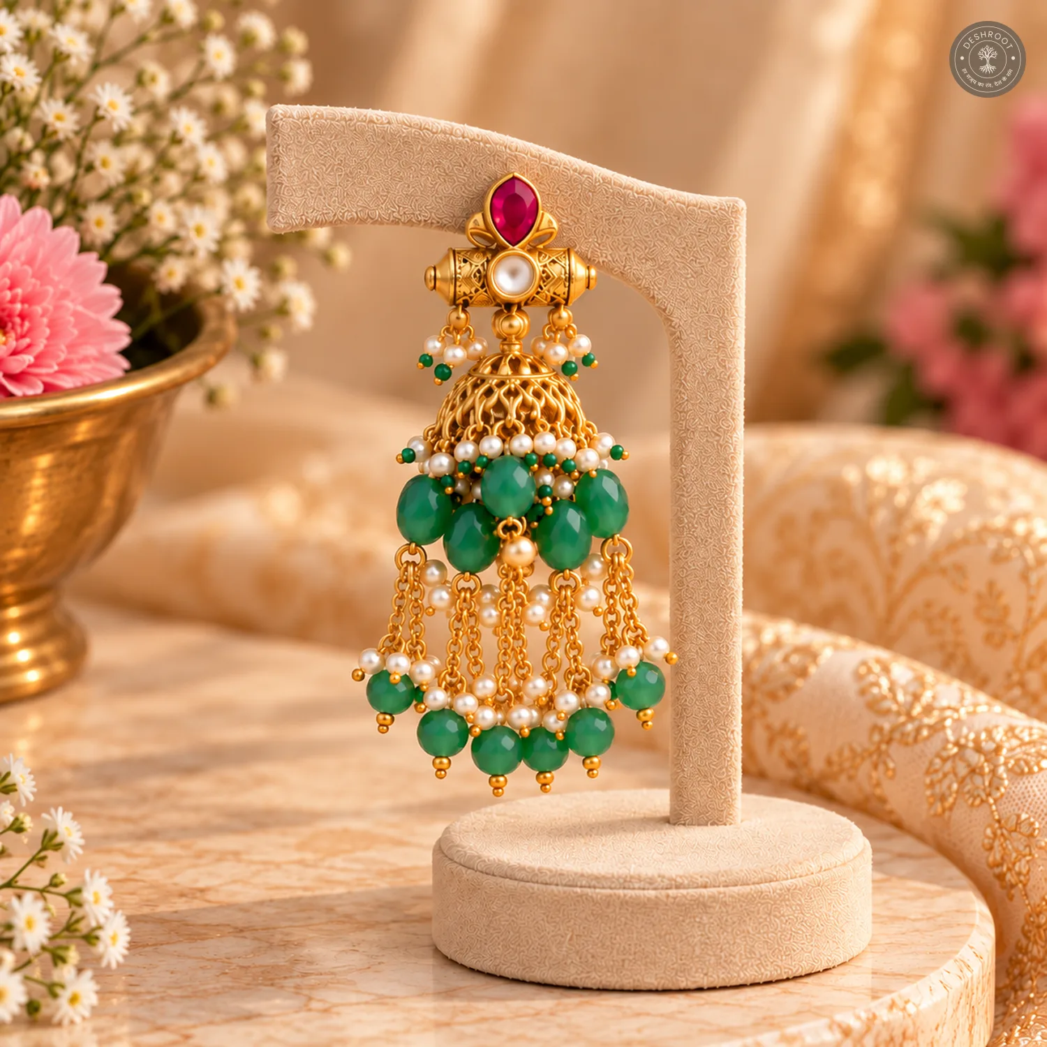 Pachi Kundan Green Bead Tassel Necklace Set