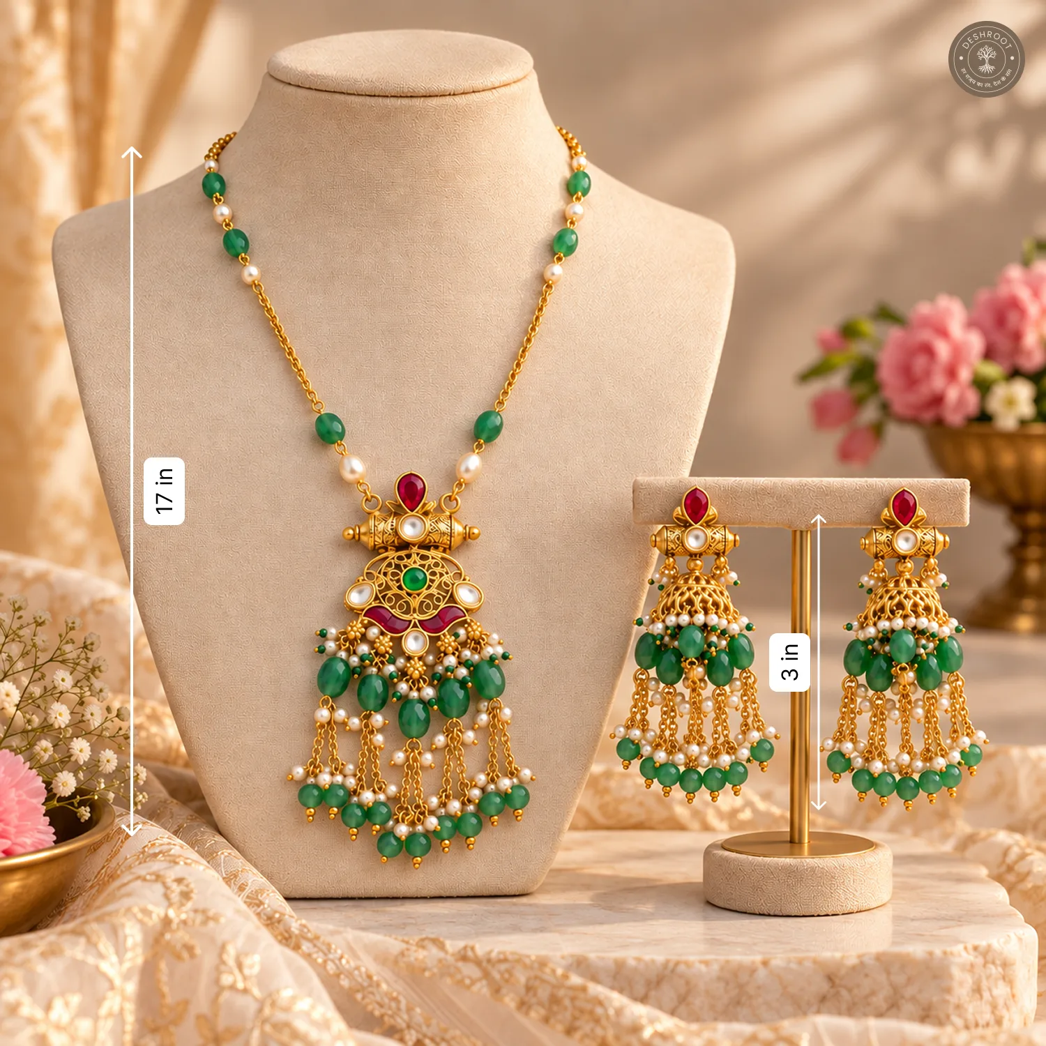 Pachi Kundan Green Bead Tassel Necklace Set