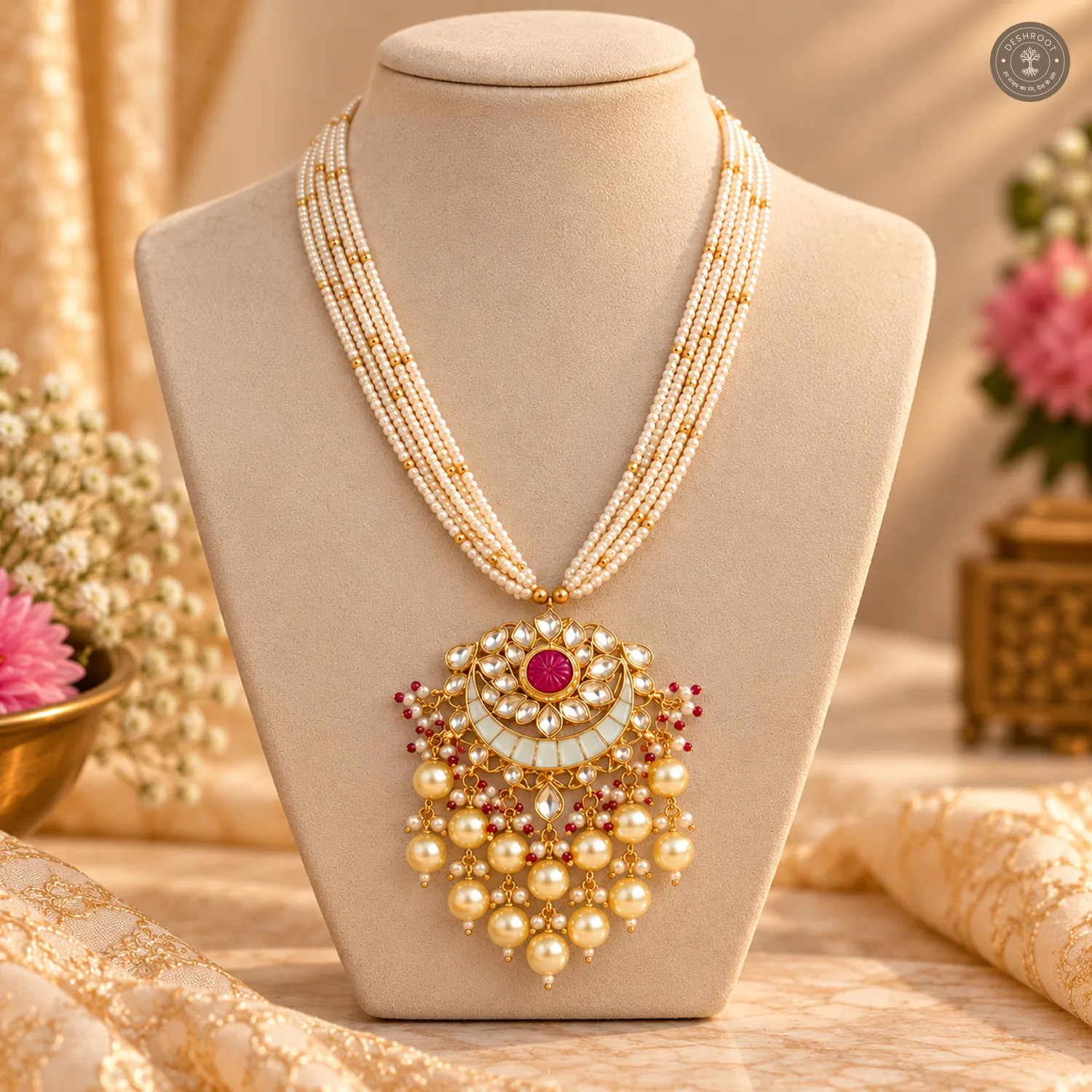 Pachi Kundan Multi-Strand Pearl Crescent Necklace Set