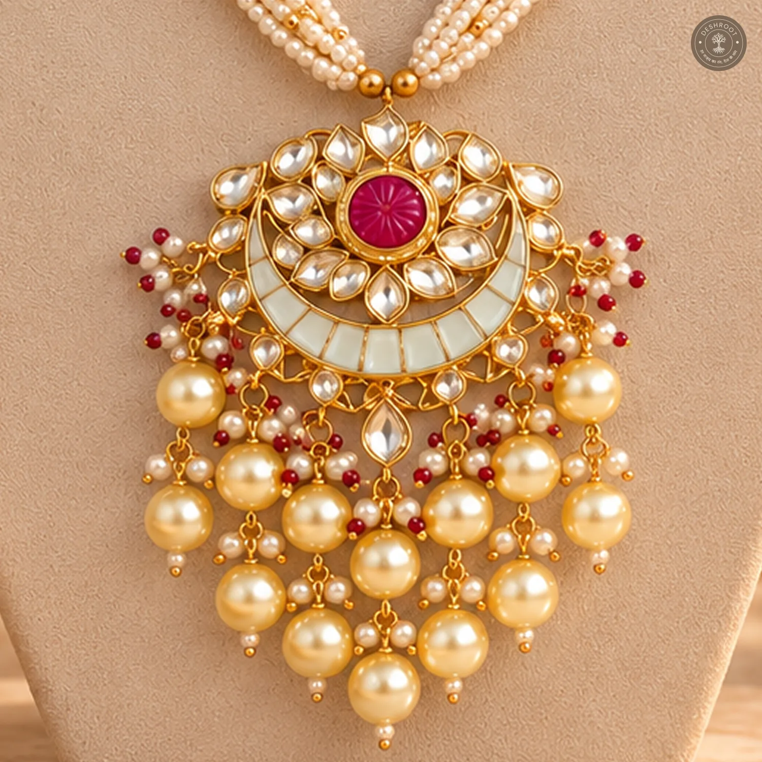 Pachi Kundan Multi-Strand Pearl Crescent Necklace Set