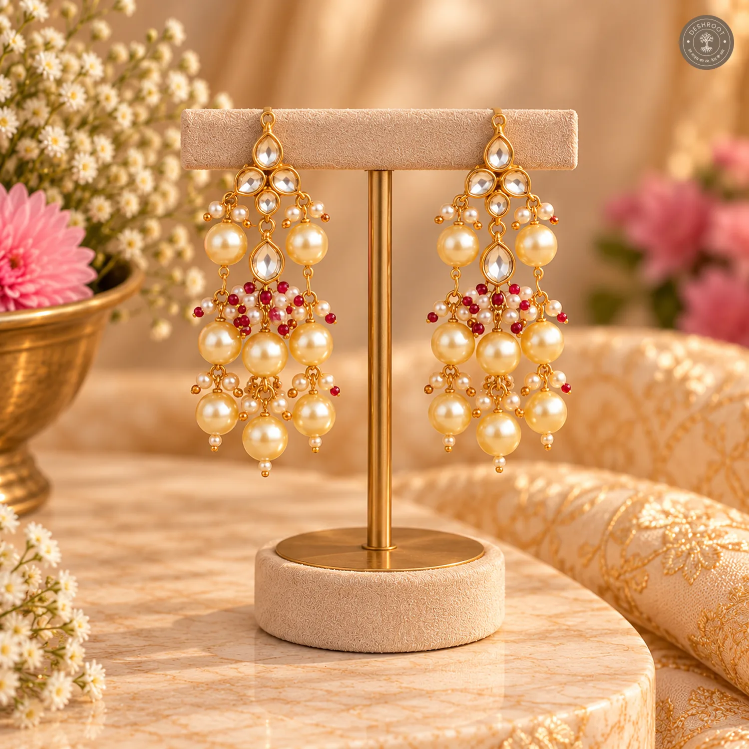 Pachi Kundan Multi-Strand Pearl Crescent Necklace Set