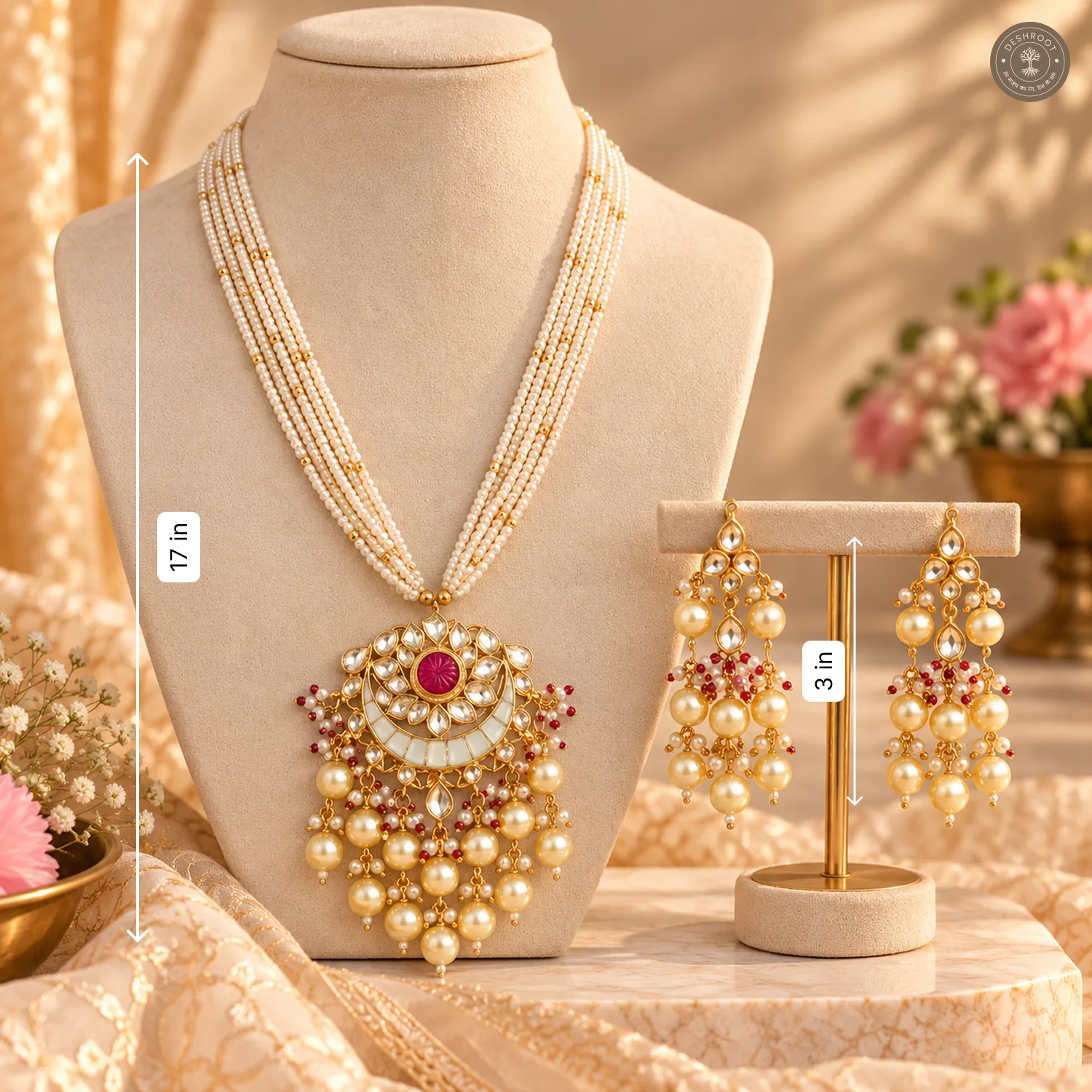 Pachi Kundan Multi-Strand Pearl Crescent Necklace Set