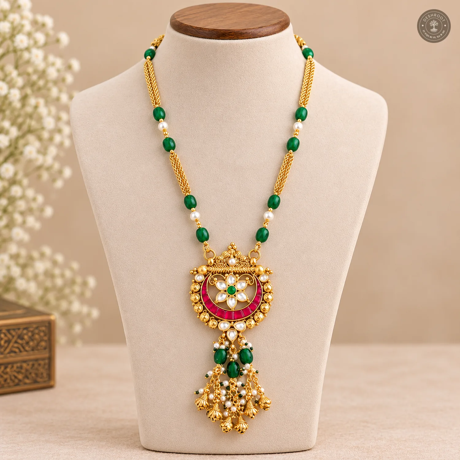 Pachi Kundan Crescent Pendant Green Bead Chain Necklace Set
