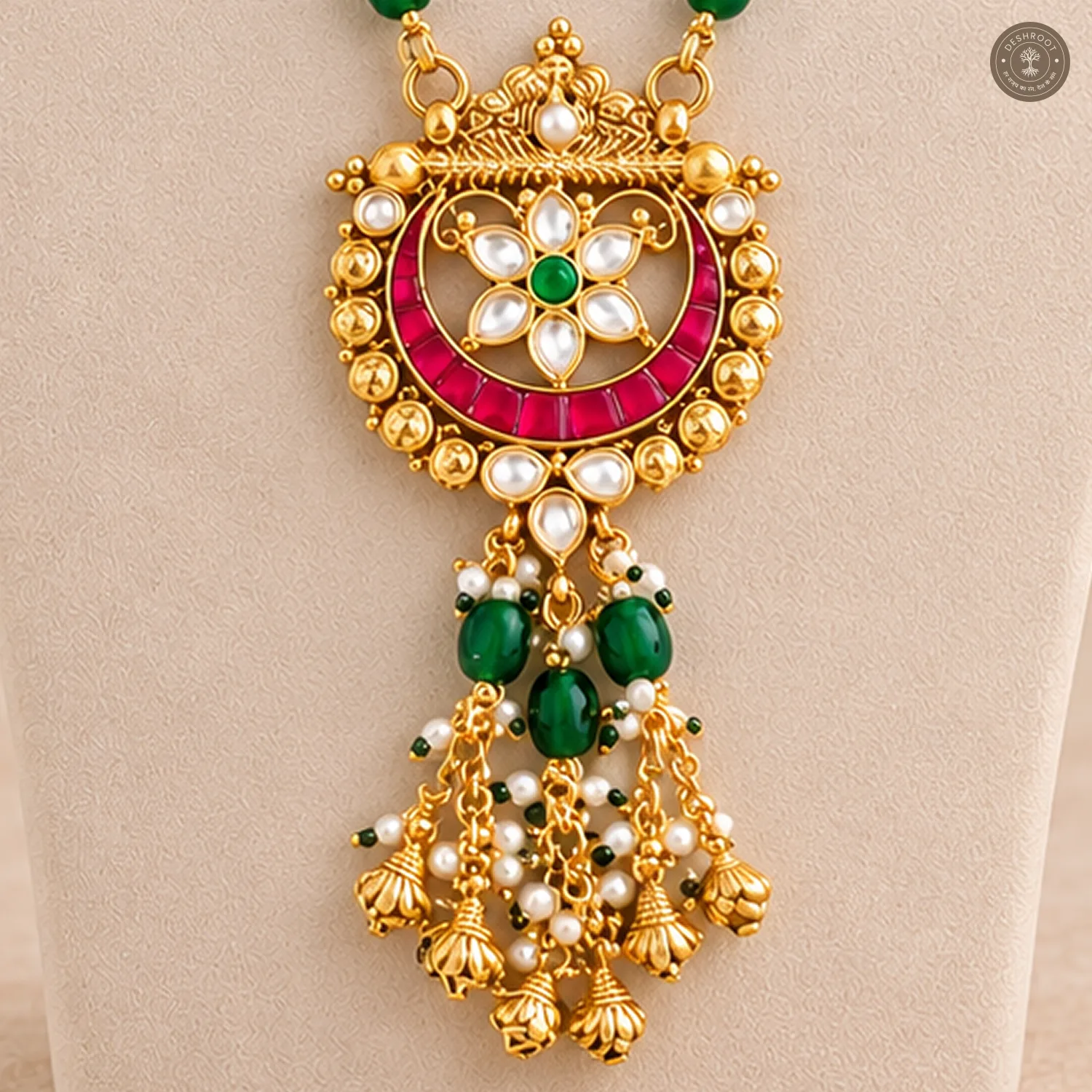 Pachi Kundan Crescent Pendant Green Bead Chain Necklace Set
