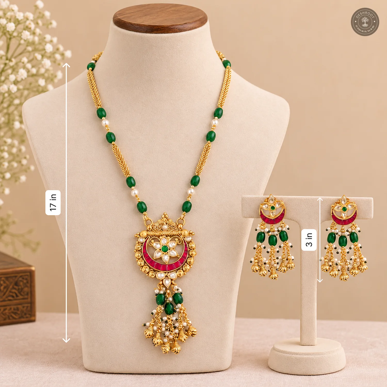 Pachi Kundan Crescent Pendant Green Bead Chain Necklace Set