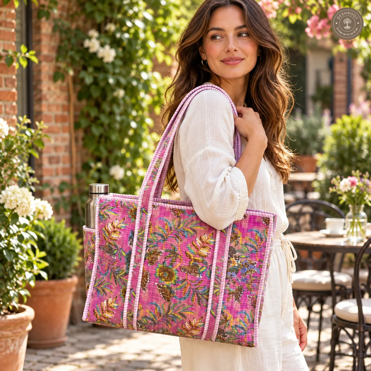 Pink Tropical Floral Printed Multipurpose Shoulder Bag for Women