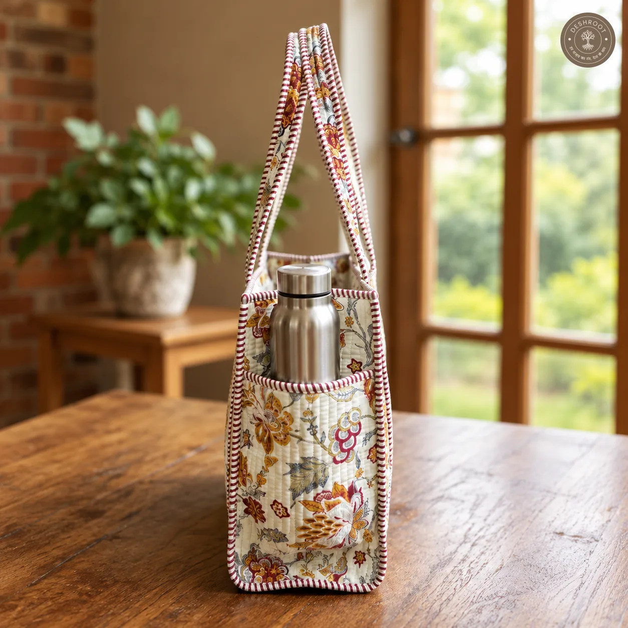 Handcrafted Quilted Floral Cotton Tote Bag with Bottle Pocket
