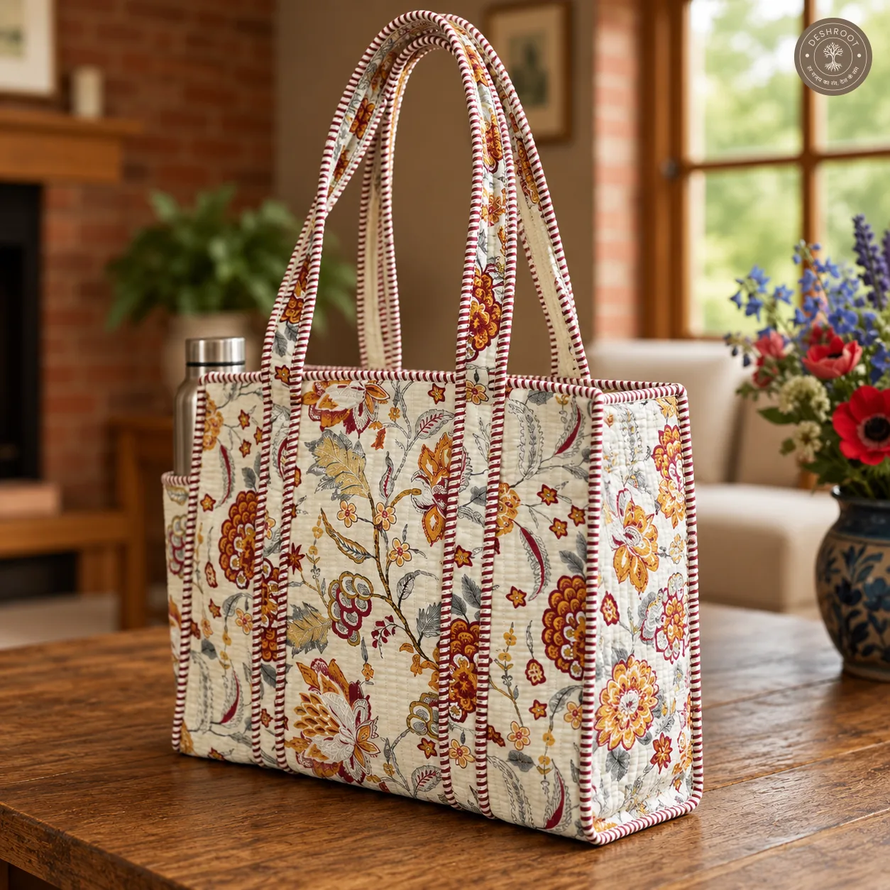 Handcrafted Quilted Floral Cotton Tote Bag with Bottle Pocket