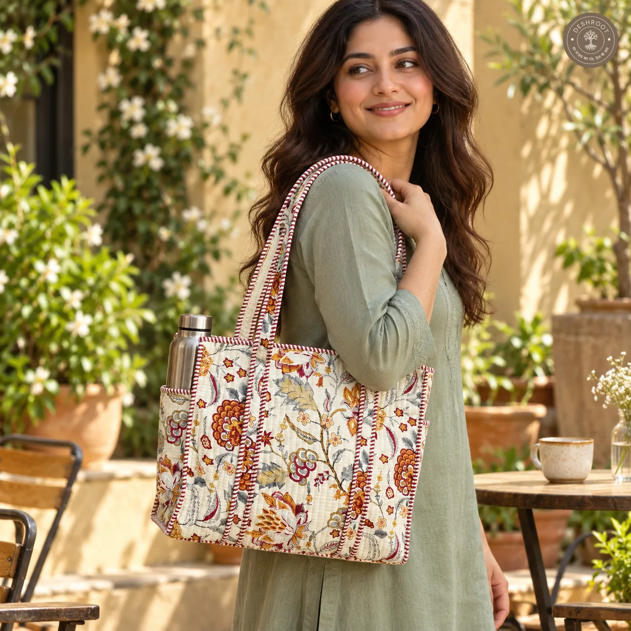 Handcrafted Quilted Floral Cotton Tote Bag with Bottle Pocket
