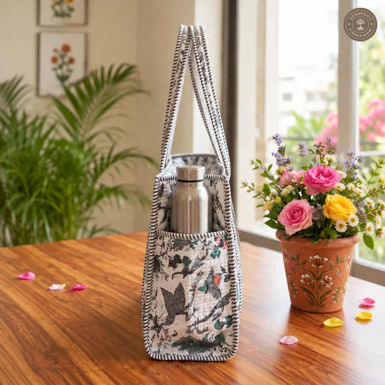 Handcrafted Quilted Botanical Cotton Tote Bag with Bottle Pocket