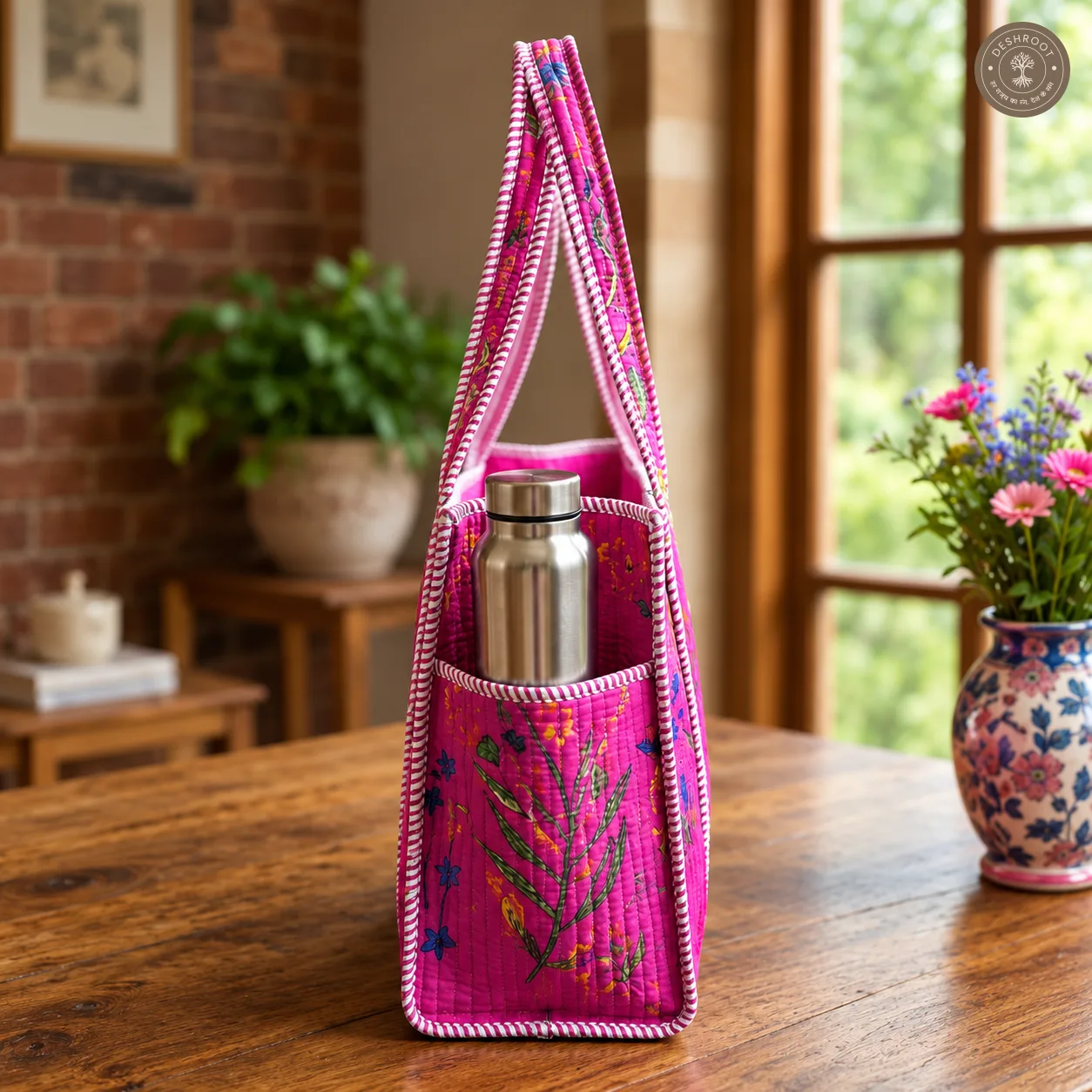 Handcrafted Quilted Pink Floral Cotton Tote Bag with Bottle Pocket