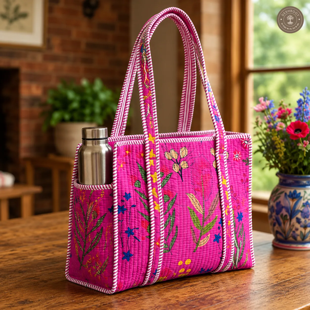 Handcrafted Quilted Pink Floral Cotton Tote Bag with Bottle Pocket