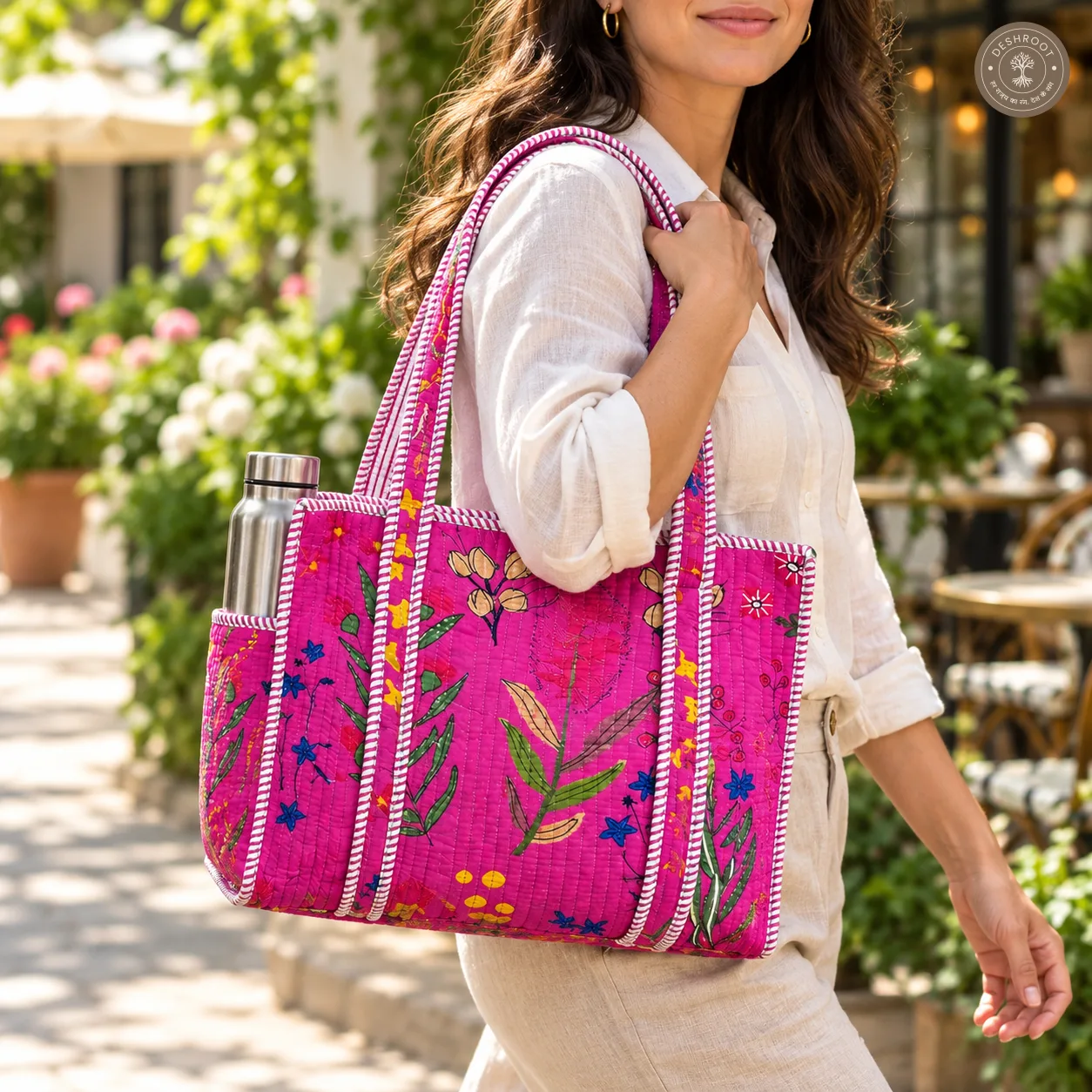 Handcrafted Quilted Pink Floral Cotton Tote Bag with Bottle Pocket