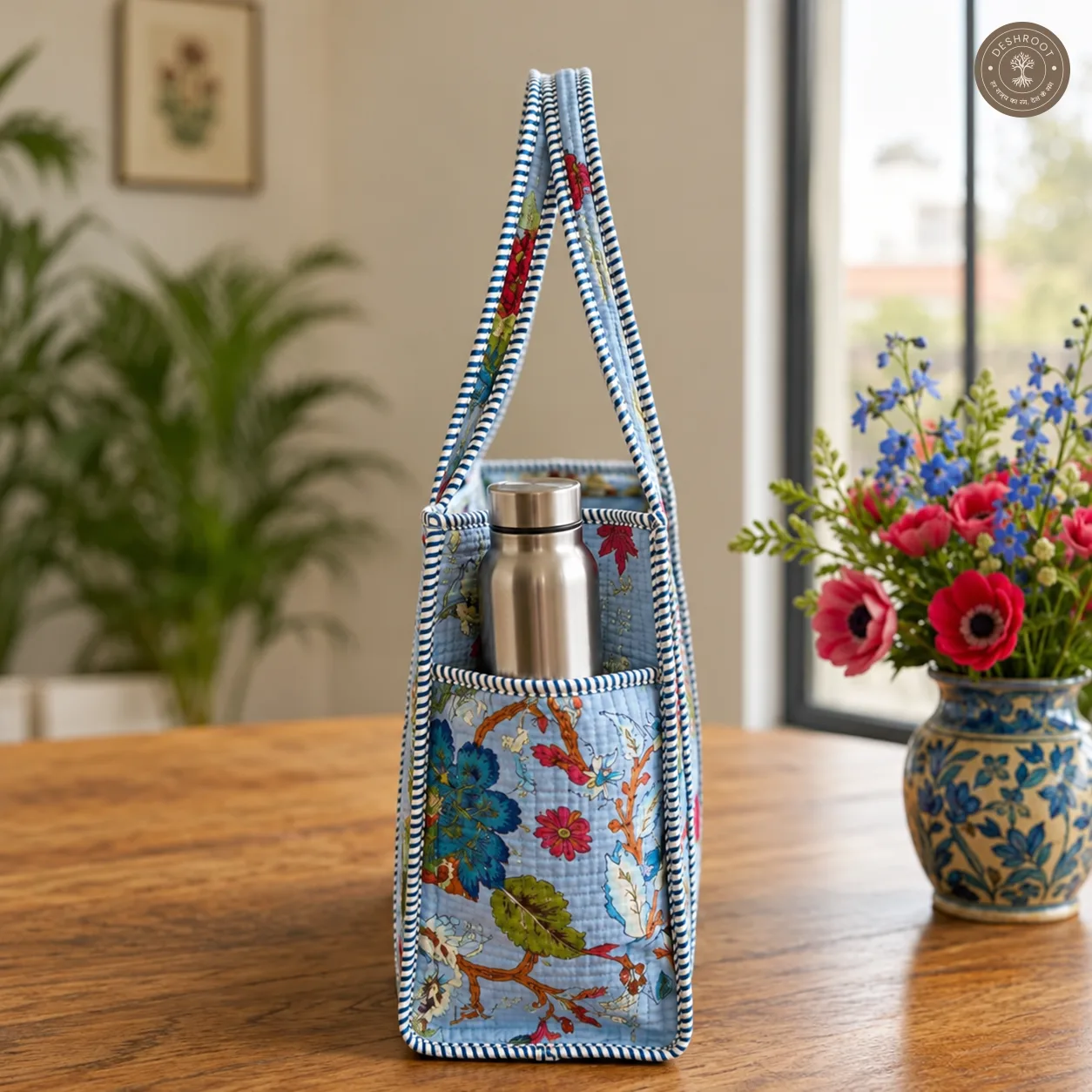 Handcrafted Quilted Floral Cotton Tote Bag with Bottle Pocket