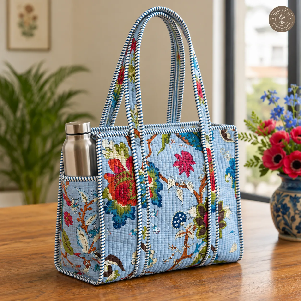 Handcrafted Quilted Floral Cotton Tote Bag with Bottle Pocket