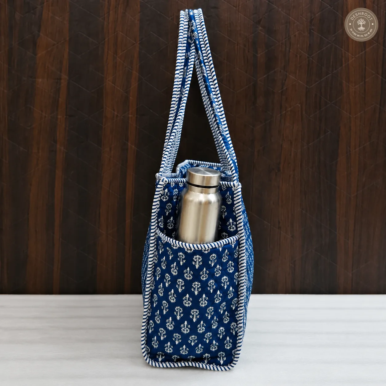 Blue Hand Block Printed Quilted Tote Bag with Bottle Pocket
