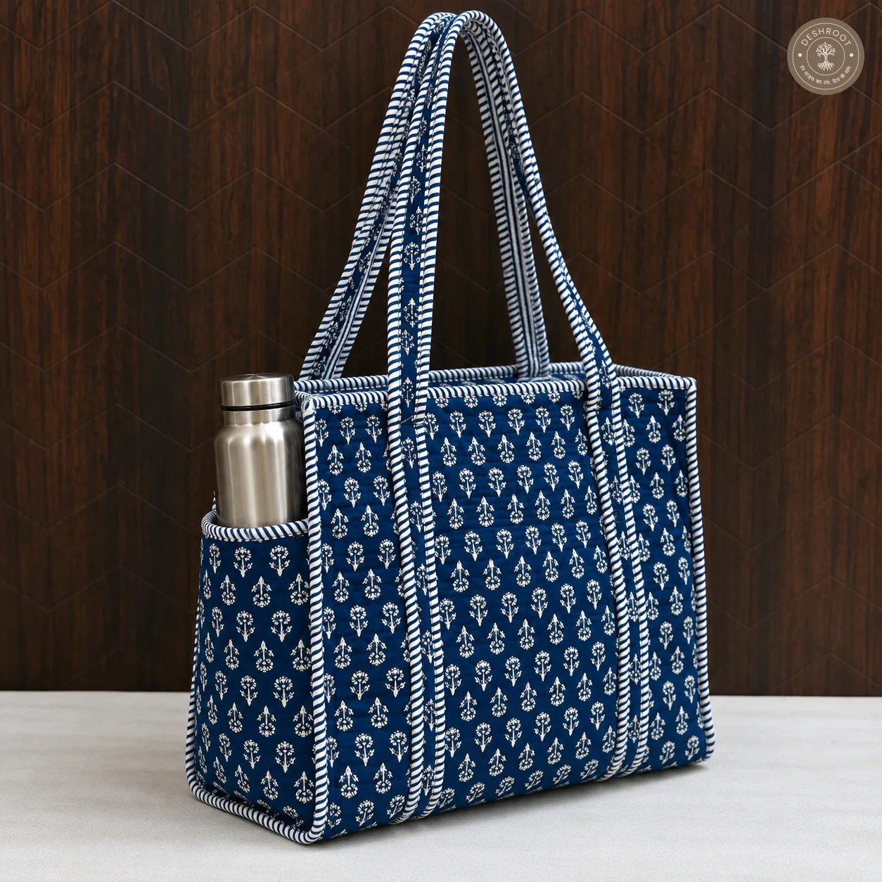 Blue Hand Block Printed Quilted Tote Bag with Bottle Pocket