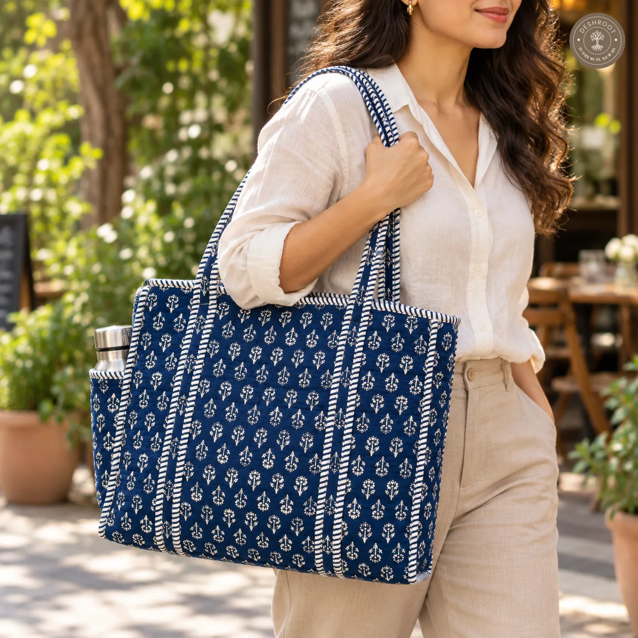 Blue Hand Block Printed Quilted Tote Bag with Bottle Pocket