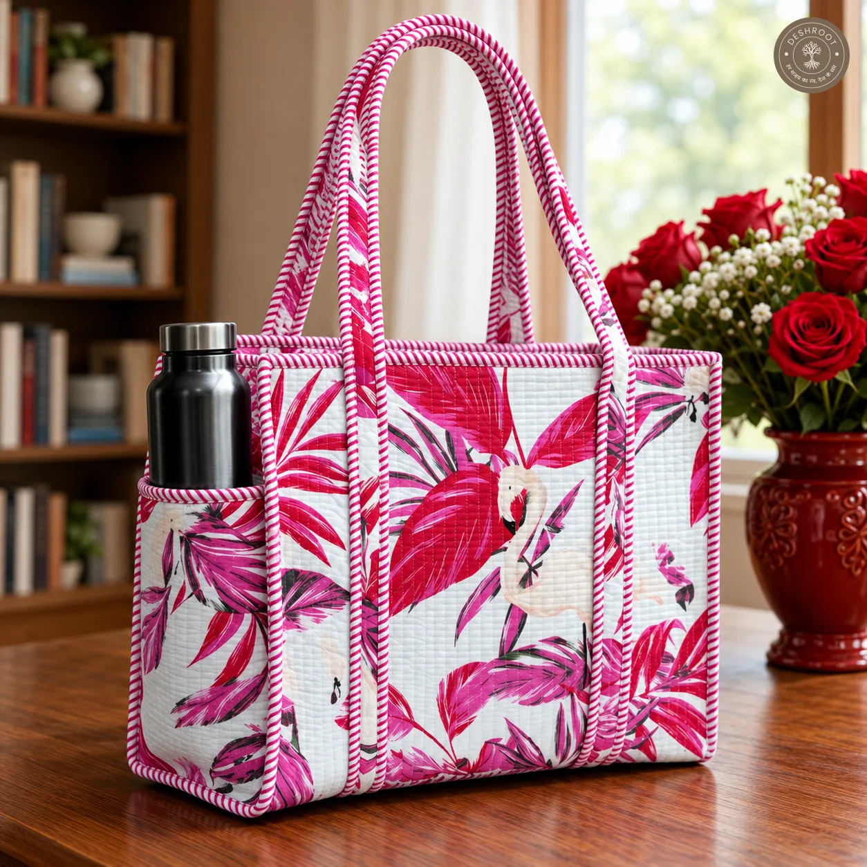 Pink Flamingo Quilted Cotton Tote Bag with Bottle Pocket