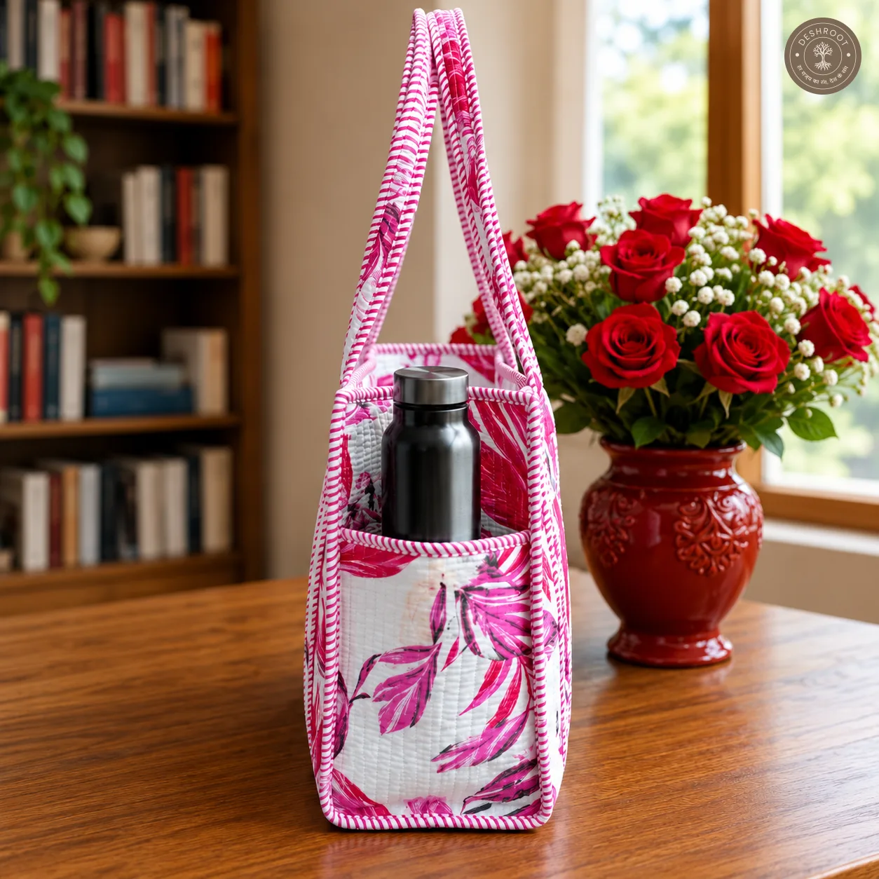 Pink Flamingo Quilted Cotton Tote Bag with Bottle Pocket