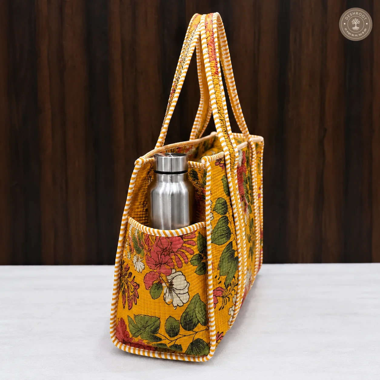 Mustard Floral Quilted Cotton Tote Bag with Bottle Pocket
