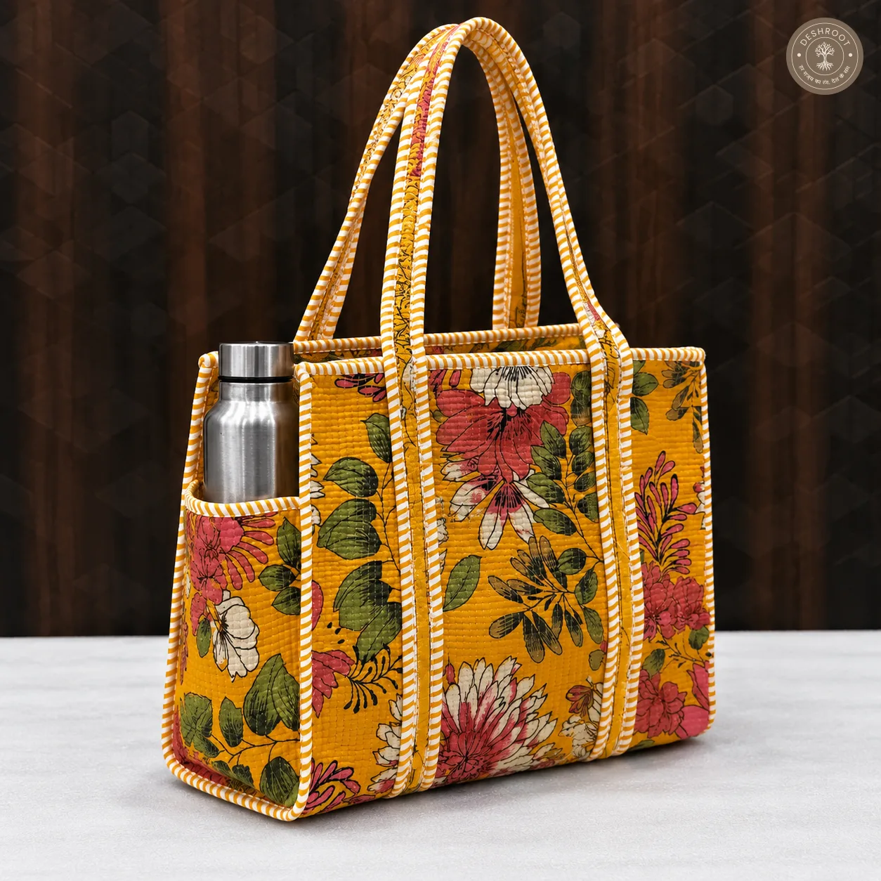 Mustard Floral Quilted Cotton Tote Bag with Bottle Pocket