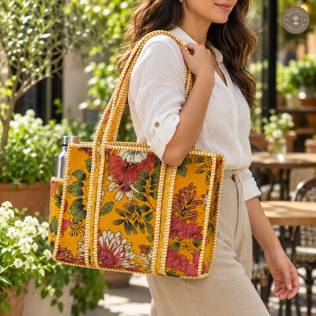 Mustard Floral Quilted Cotton Tote Bag with Bottle Pocket