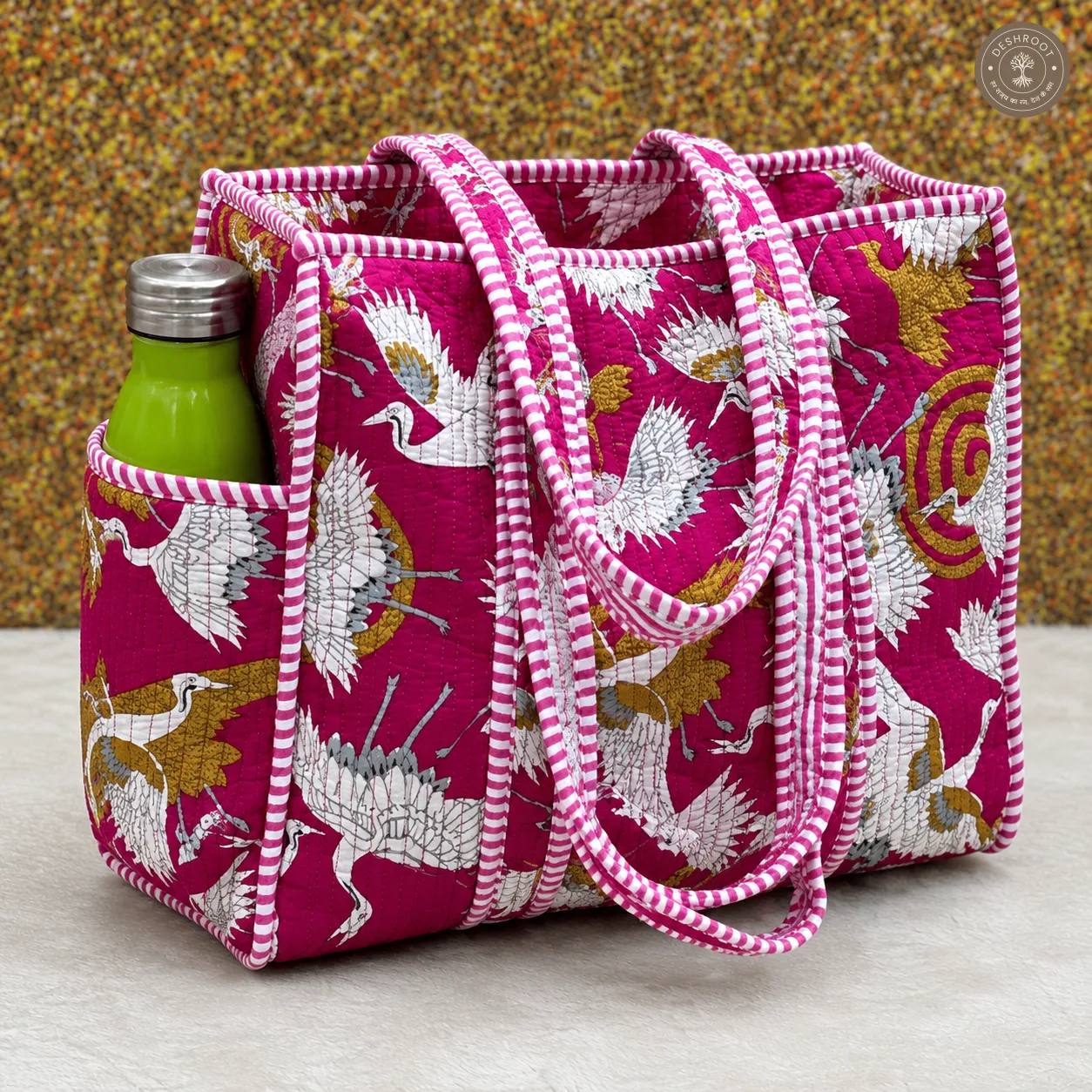 Handcrafted Quilted Crane Print Cotton Tote Bag with Bottle Pocket