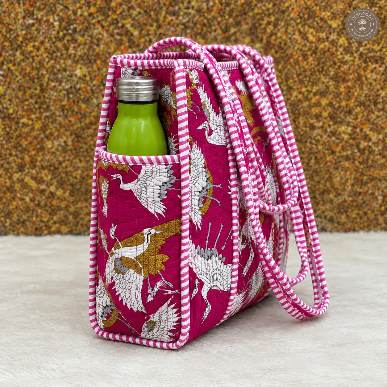 Handcrafted Quilted Crane Print Cotton Tote Bag with Bottle Pocket