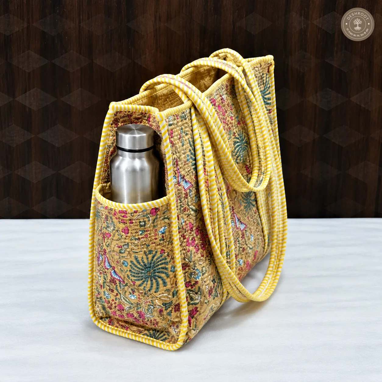 Handcrafted Beige Floral Quilted Cotton Tote Bag with Bottle Pocket