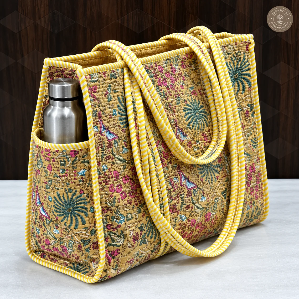 Handcrafted Beige Floral Quilted Cotton Tote Bag with Bottle Pocket