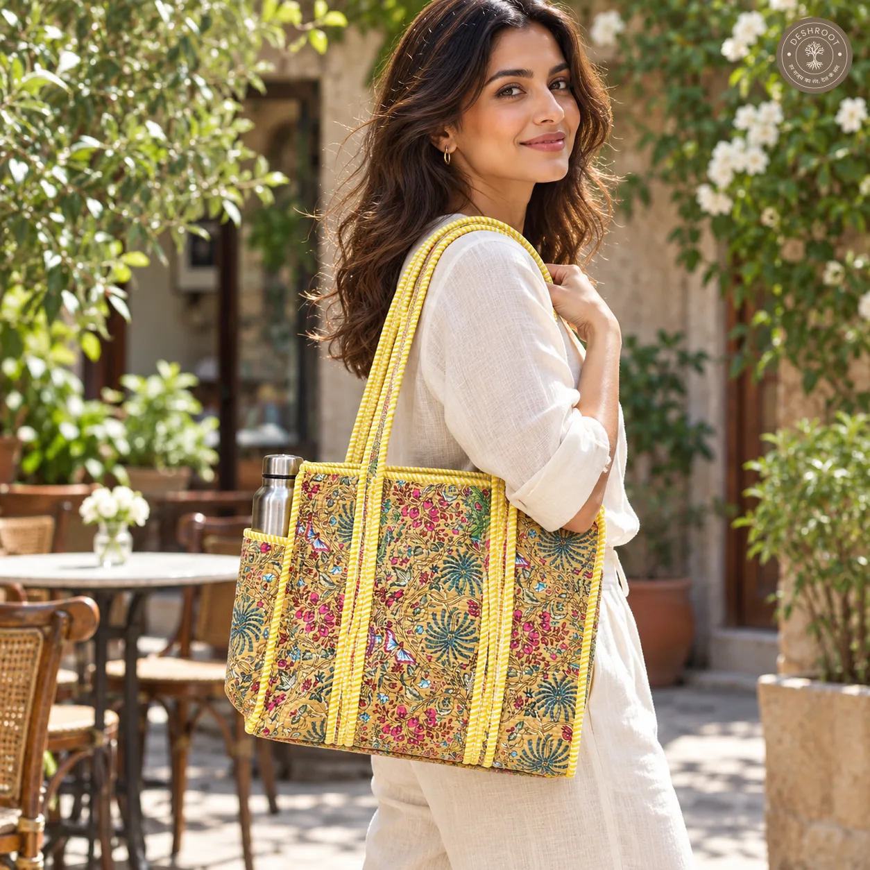 Handcrafted Beige Floral Quilted Cotton Tote Bag with Bottle Pocket
