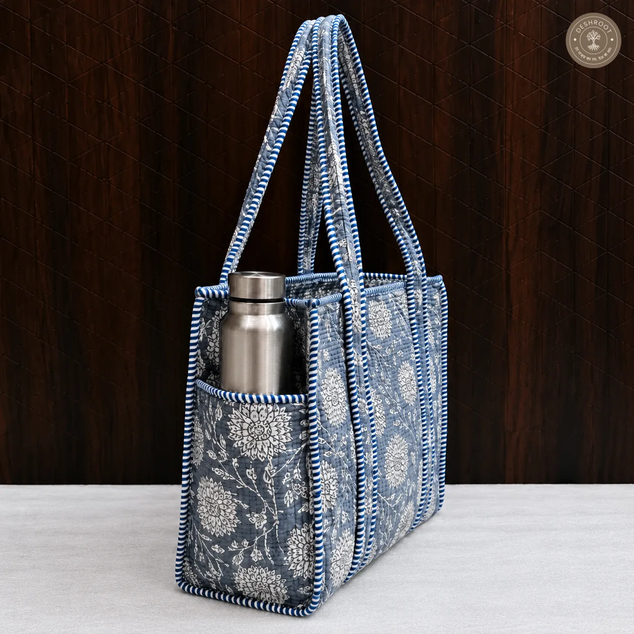 Handcrafted Grey Floral Quilted Cotton Tote Bag with Bottle Pocket