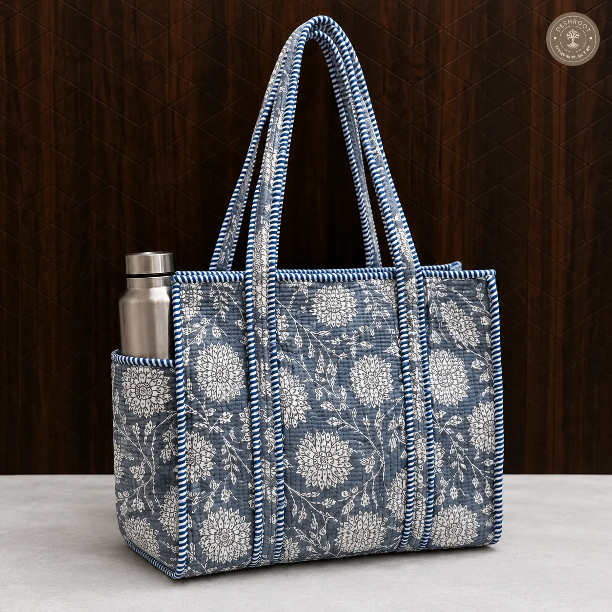 Handcrafted Grey Floral Quilted Cotton Tote Bag with Bottle Pocket