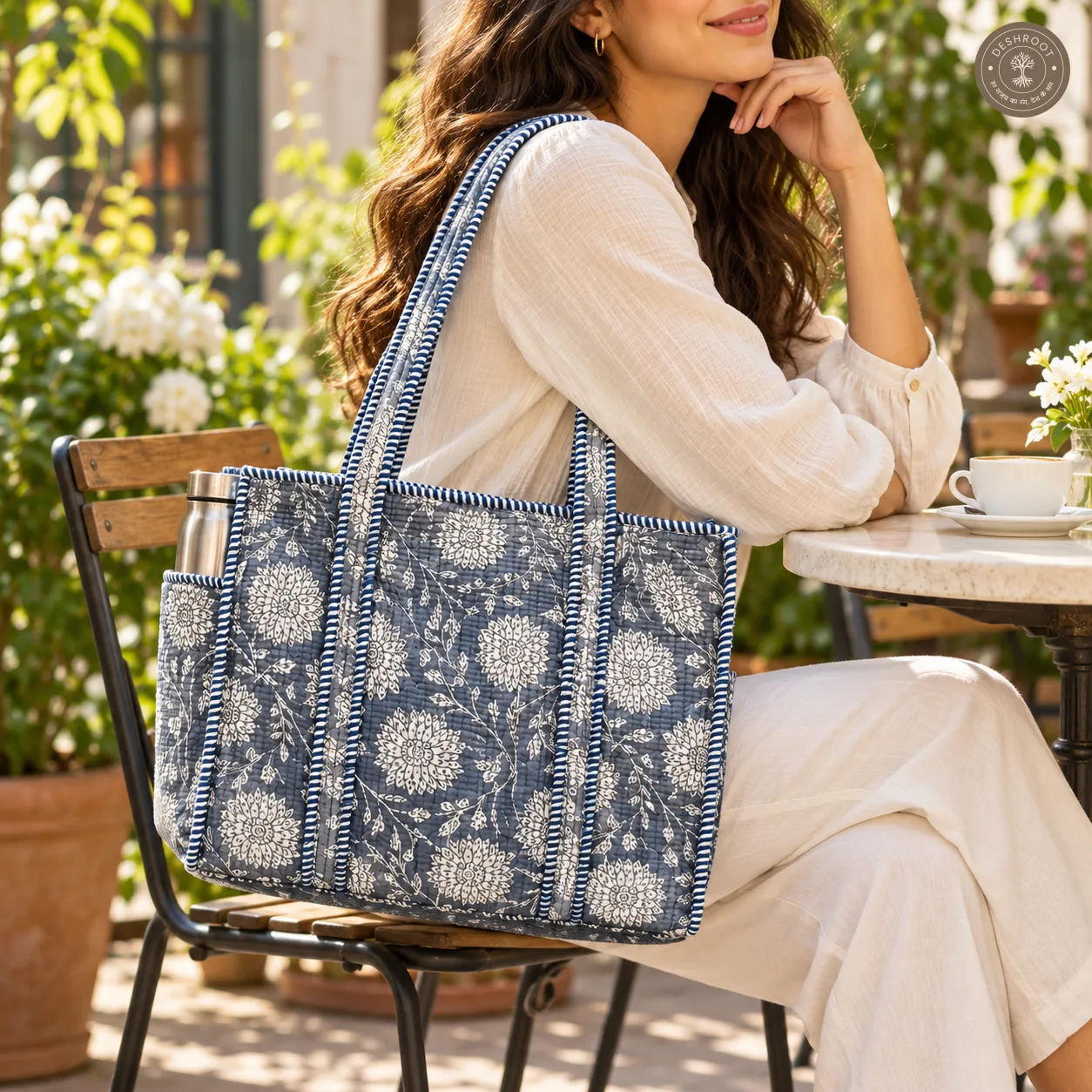 Handcrafted Grey Floral Quilted Cotton Tote Bag with Bottle Pocket
