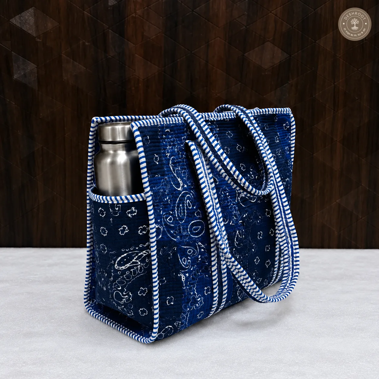Handcrafted Navy Blue Quilted Cotton Tote Bag with Paisley Print & Bottle Pocket