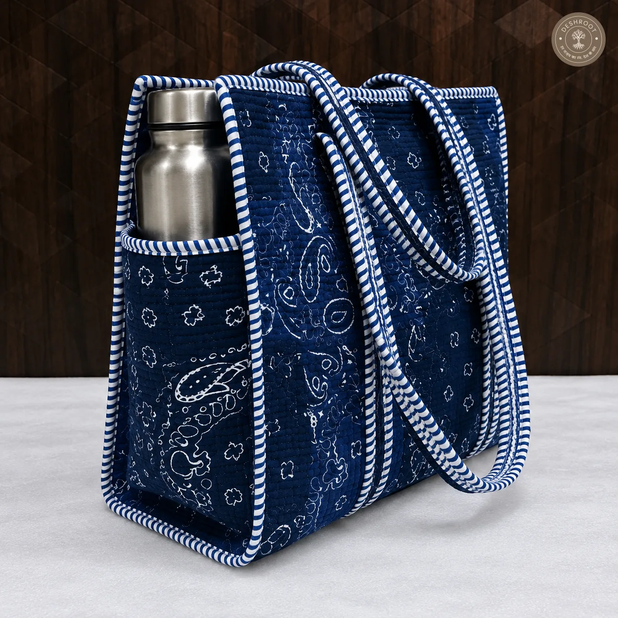 Handcrafted Navy Blue Quilted Cotton Tote Bag with Paisley Print & Bottle Pocket