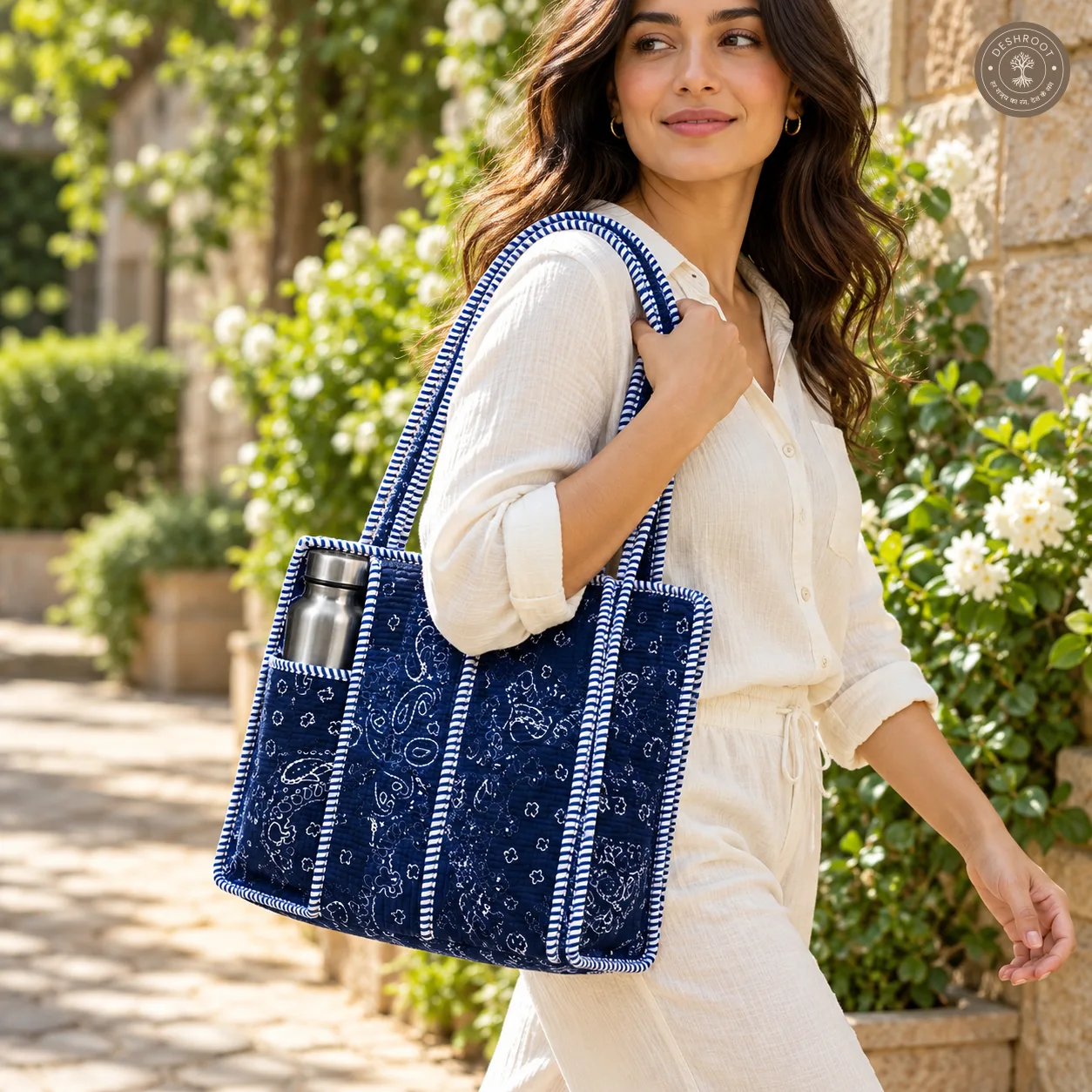 Handcrafted Navy Blue Quilted Cotton Tote Bag with Paisley Print & Bottle Pocket