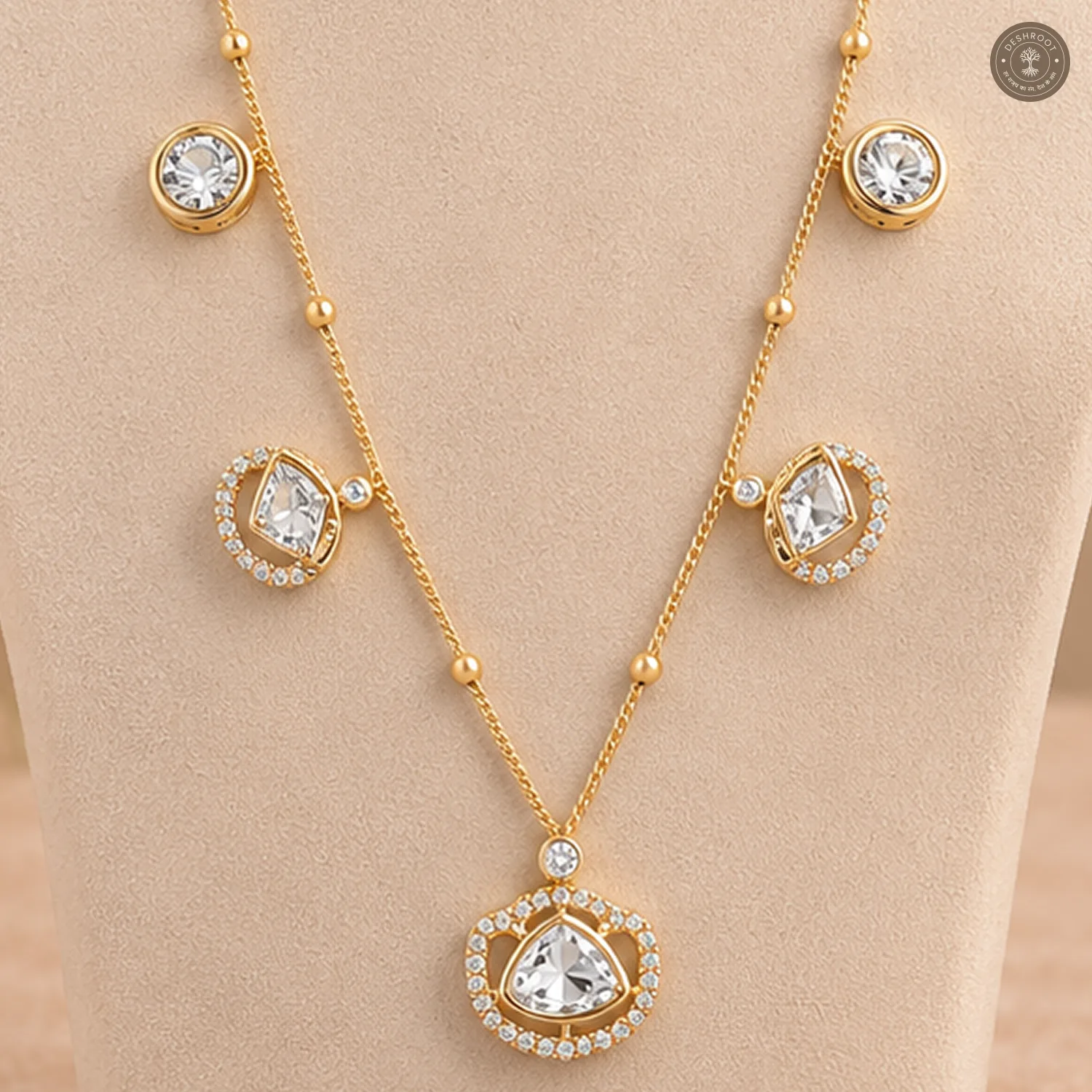 Round and Triangular Cut Charm Chain Necklace Set