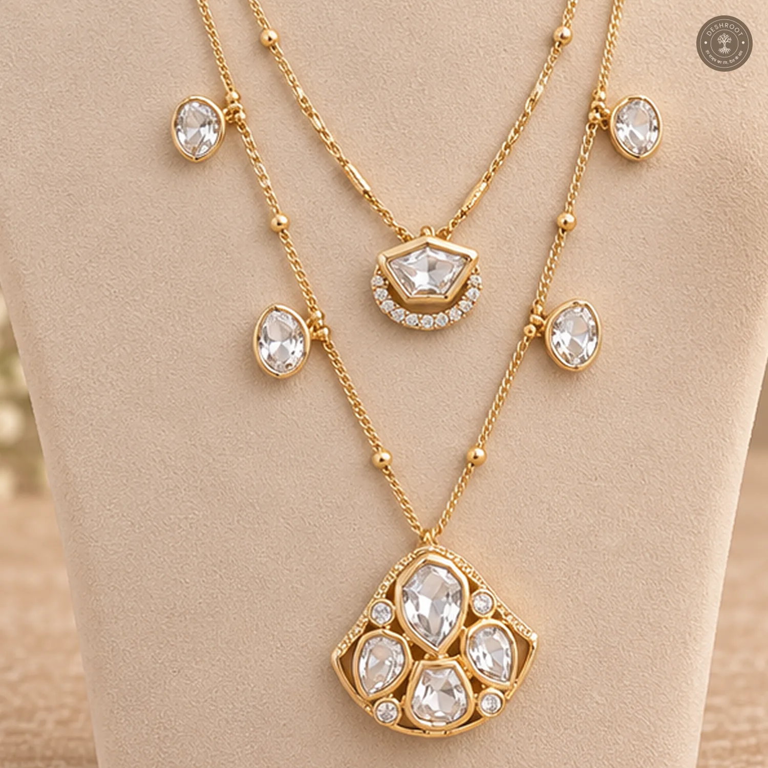 Two-Layer Fan Pendant Oval Charm Chain Necklace Set