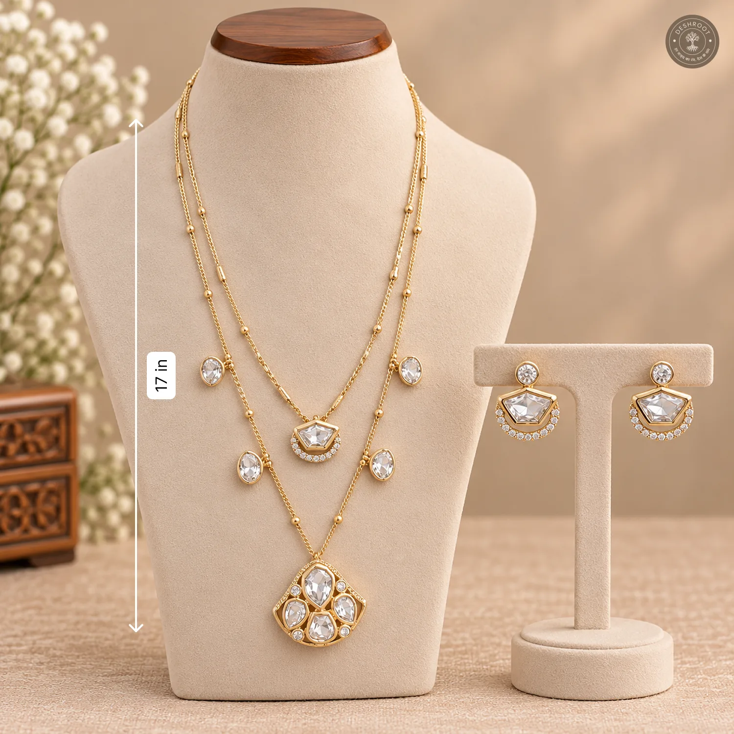 Two-Layer Fan Pendant Oval Charm Chain Necklace Set