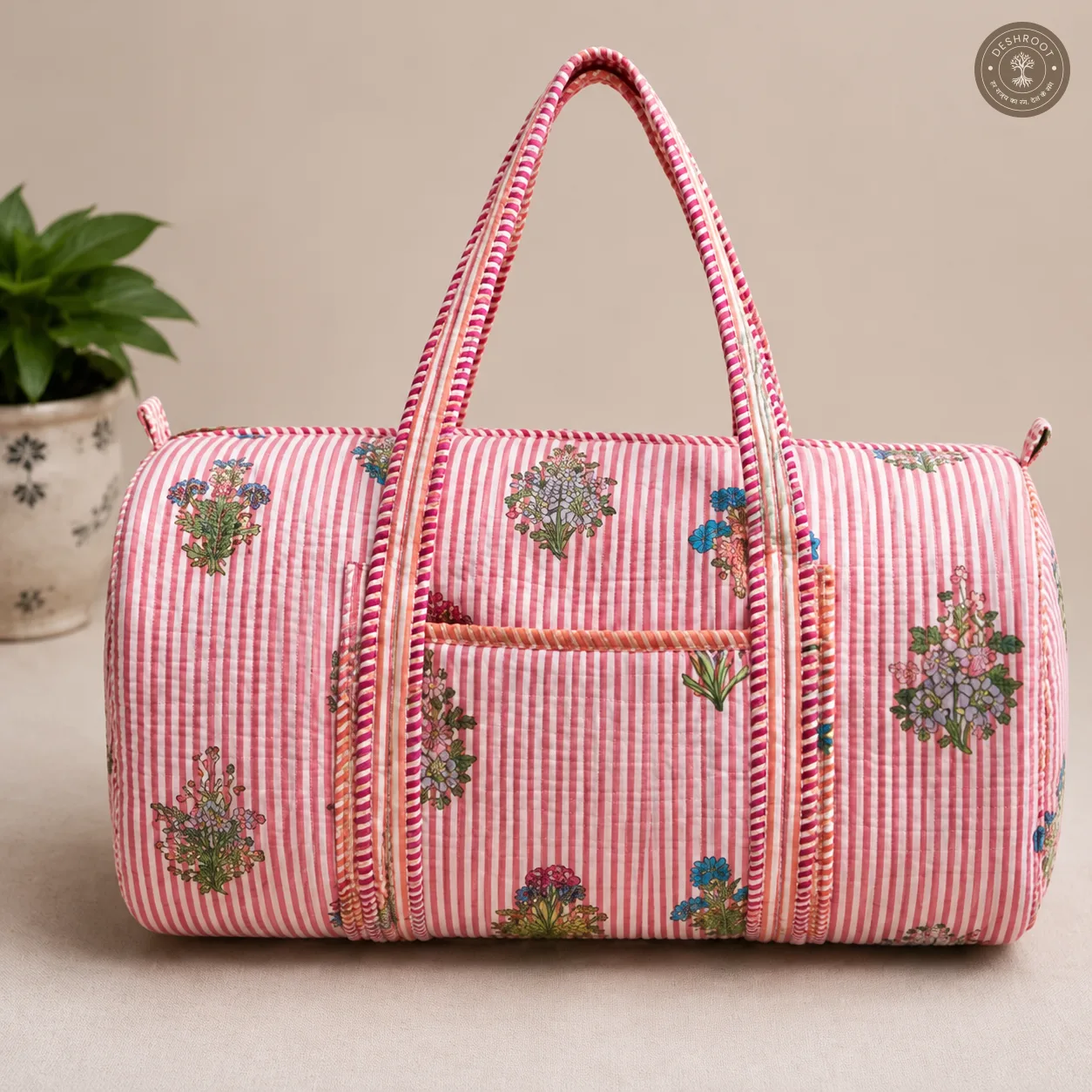 Blush Stripe Floral Handmade Quilted Cotton Duffle Bag