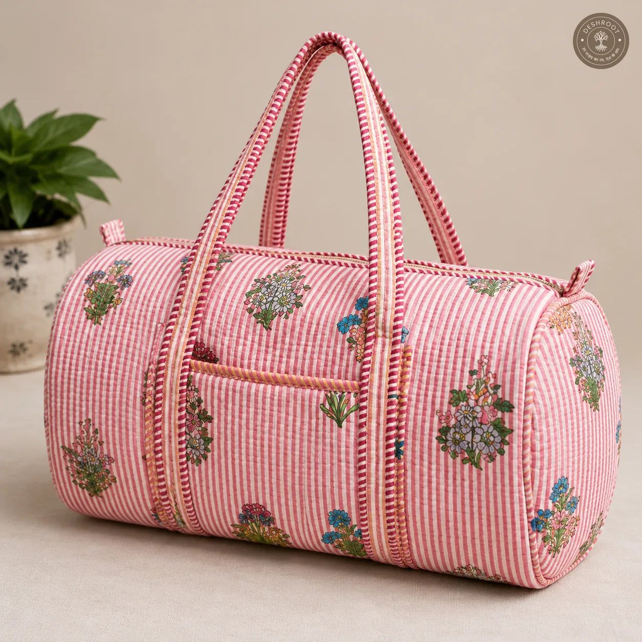 Blush Stripe Floral Handmade Quilted Cotton Duffle Bag