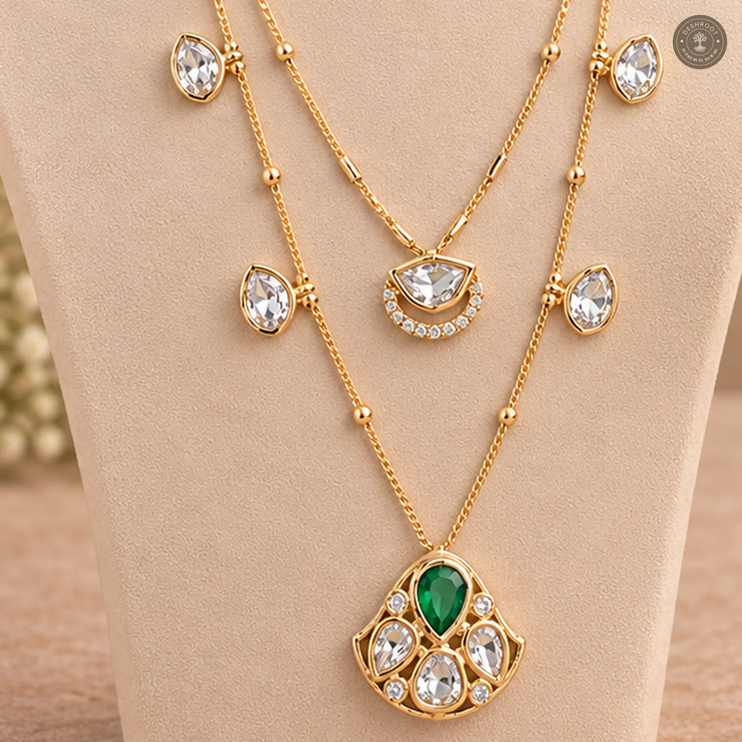Green Teardrop Stone Two-Layer Fan Pendant Necklace Set