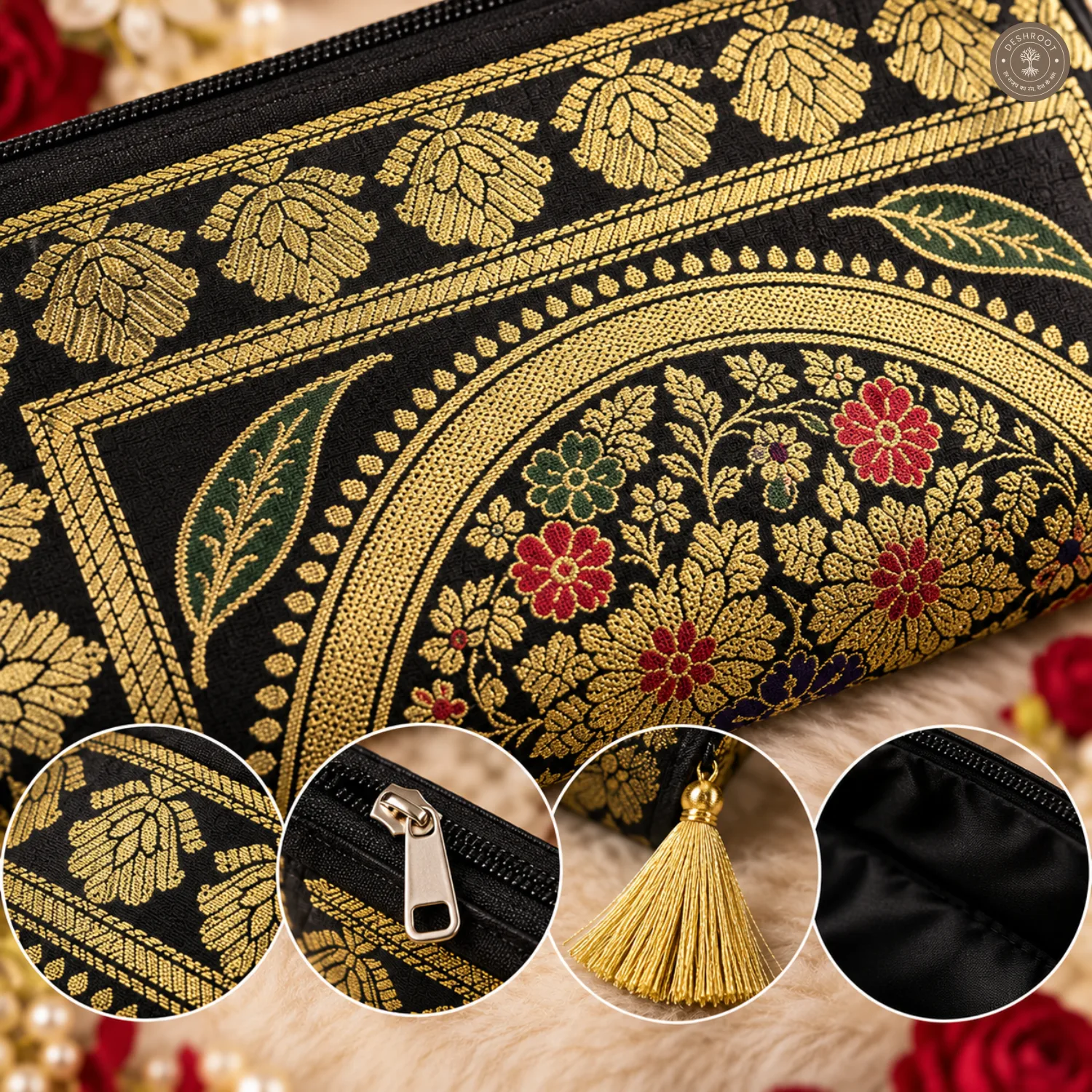 Black Banarasi Silk Brocade Embroidered Purse for Women