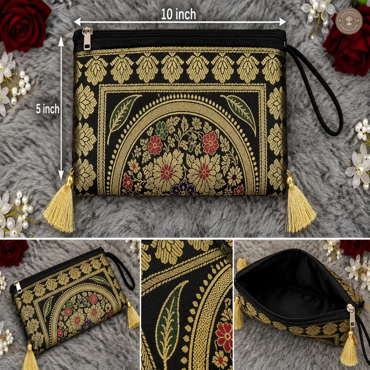 Black Banarasi Silk Brocade Embroidered Purse for Women