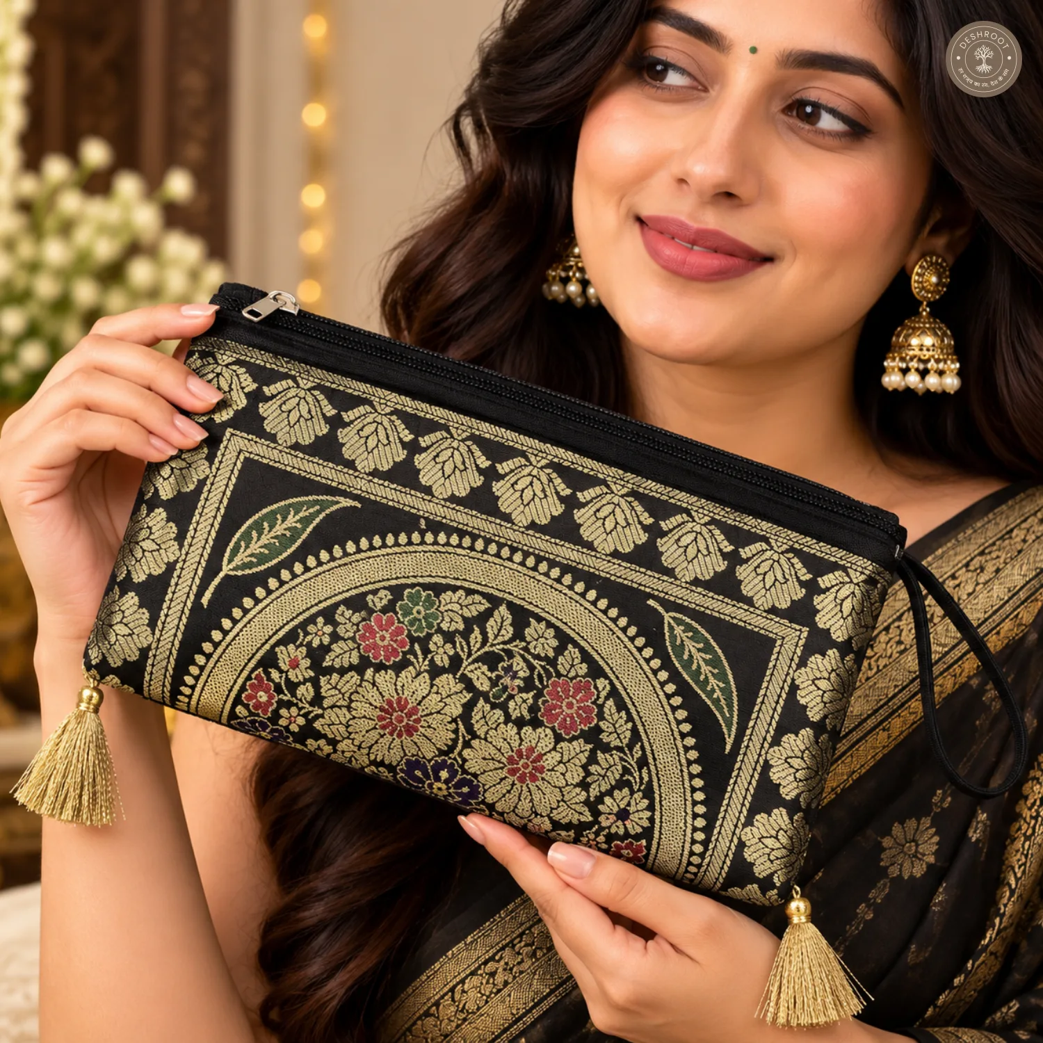 Black Banarasi Silk Brocade Embroidered Purse for Women