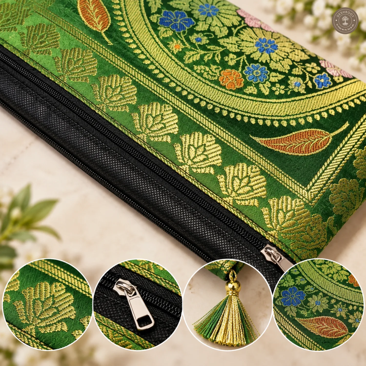 Green Banarasi Silk Brocade Embroidered Purse for Women